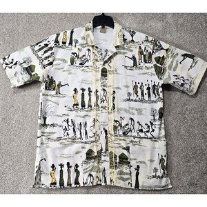 IMAGE Vtg Boho Tribal Button Up Shirt Men's XL Embroidery Trim All Over Print